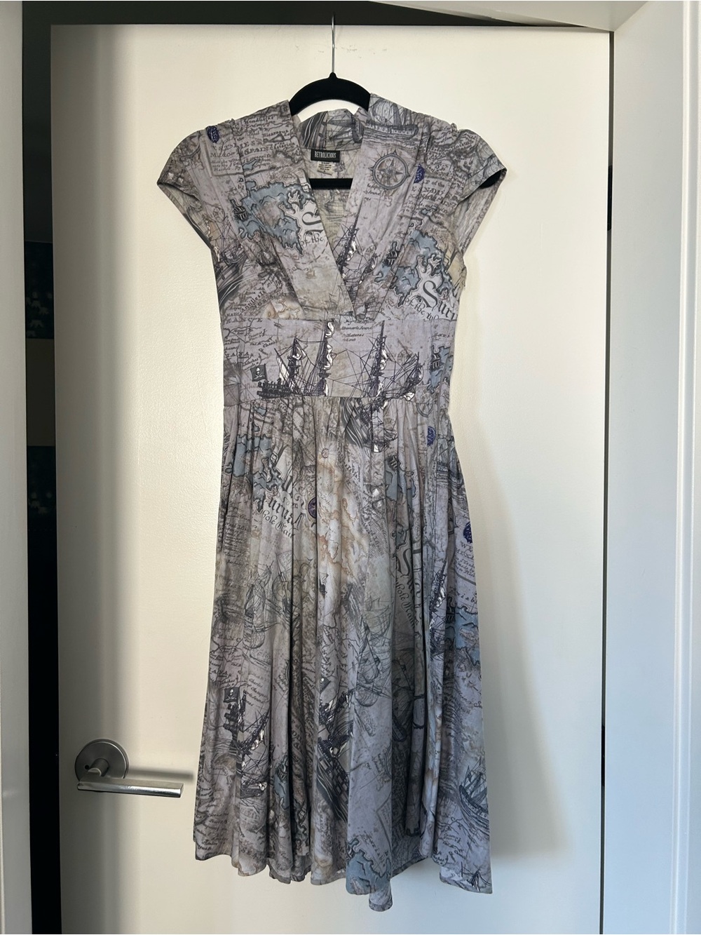 Retrolicious Gray and Blue Nautical Map-Print Midi Dress - Sz S